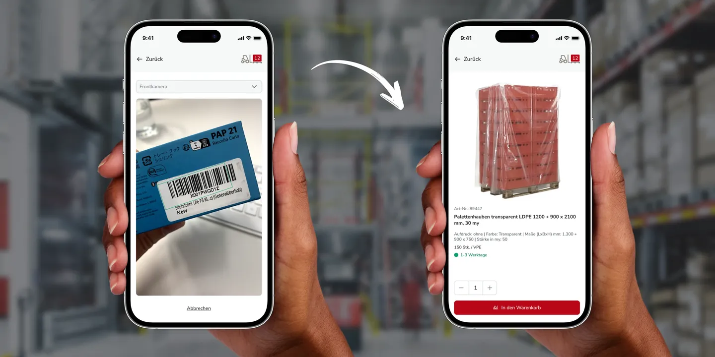 Screenshots eines digitalen Barcode-Scanners mit Darstellung des Scan-Vorgangs sowie Darstellung des gefundenen Produkts.