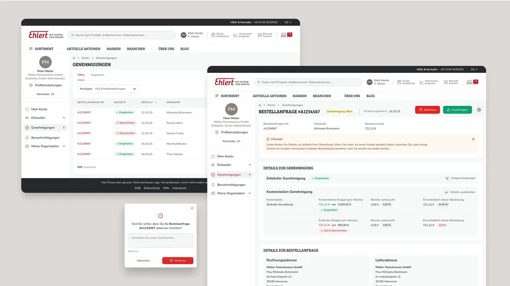 Screenshots der Genehmigungsübersicht und einer noch offen zu genehmigenden Bestellung.