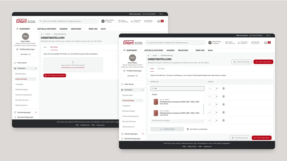 Two screenshots of a direct order function: on the left the option to upload a CSV file for orders, on the right a manual entry of article numbers with quantity control and shopping basket function.