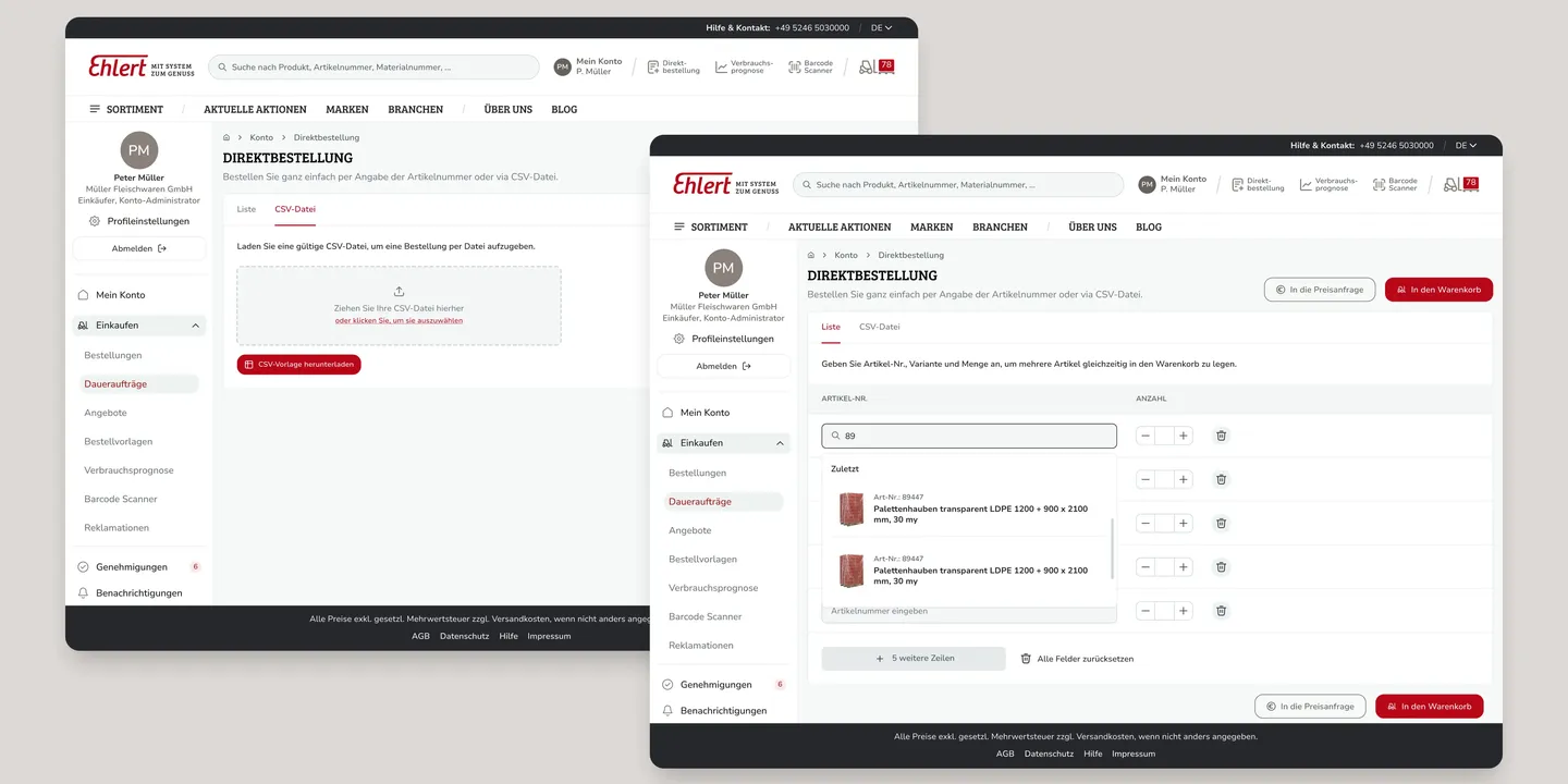 Zwei Screenshots einer Direktbestell-Funktion: Links die Option zum Hochladen einer CSV-Datei für Bestellungen, rechts eine manuelle Eingabe von Artikelnummern mit Mengensteuerung und Warenkorb-Funktion.