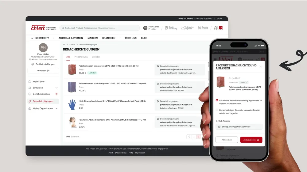 Screenshot der Benachrichtigungsübersicht im Kontobereich sowie die mobile Darstellung der Anpassung der Produktbenachrichtigungen auf einem Smartphone.