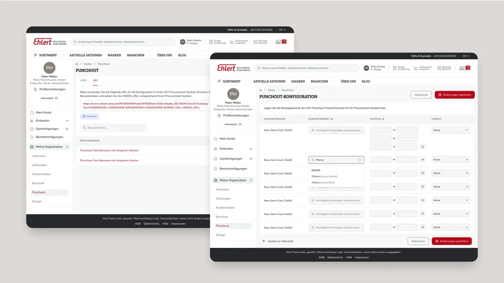 Screenshots der OCI-Punchout-Funktion im Kontobereich.