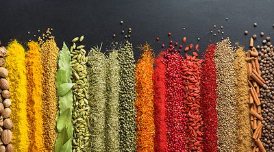 Colourful spices lie in rows next to one another, either as ground powder or as seeds