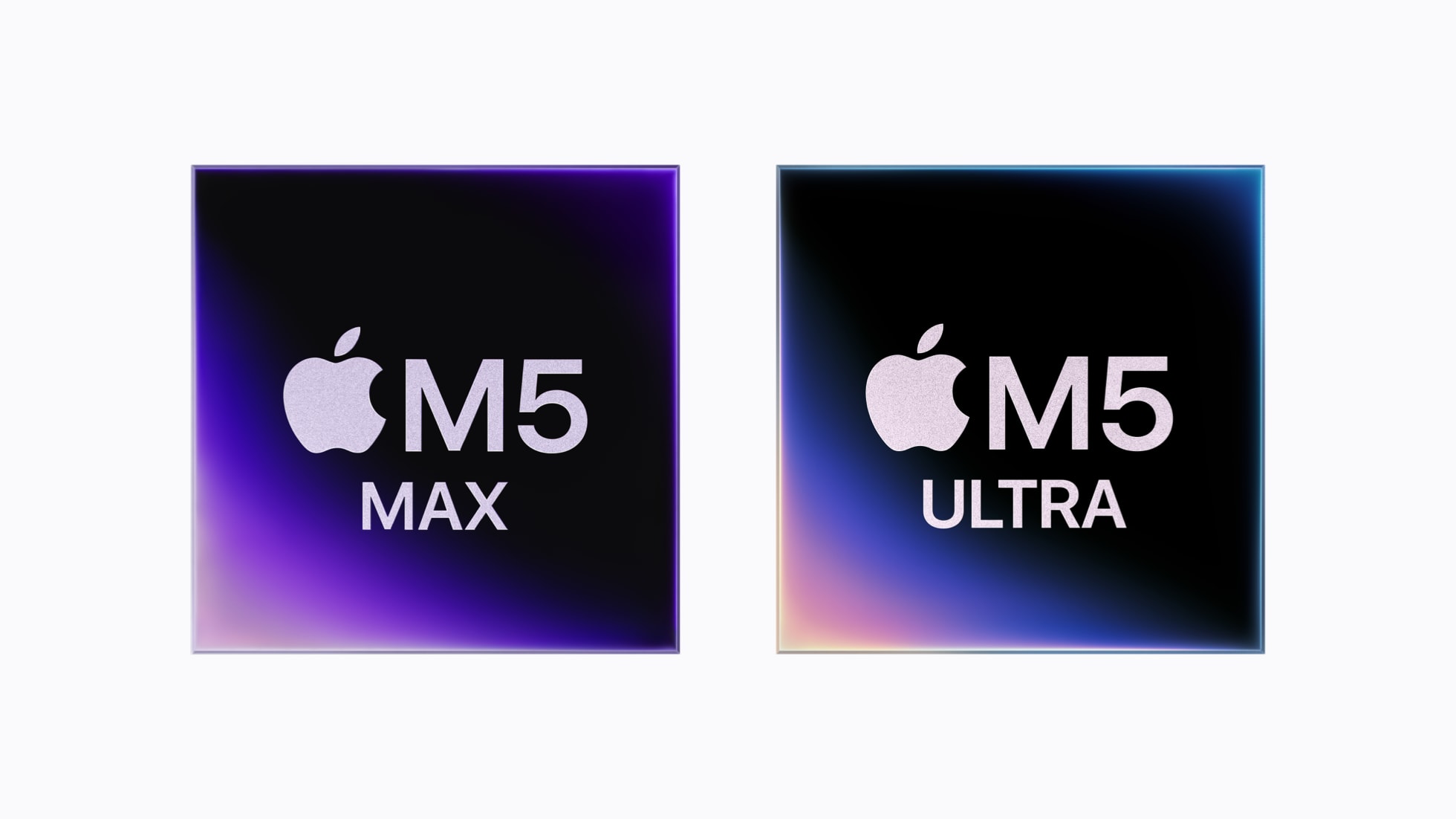 Two graphic icons of Apple chips labeled "M5 Max" and "M5 Ultra" with a gradient background.