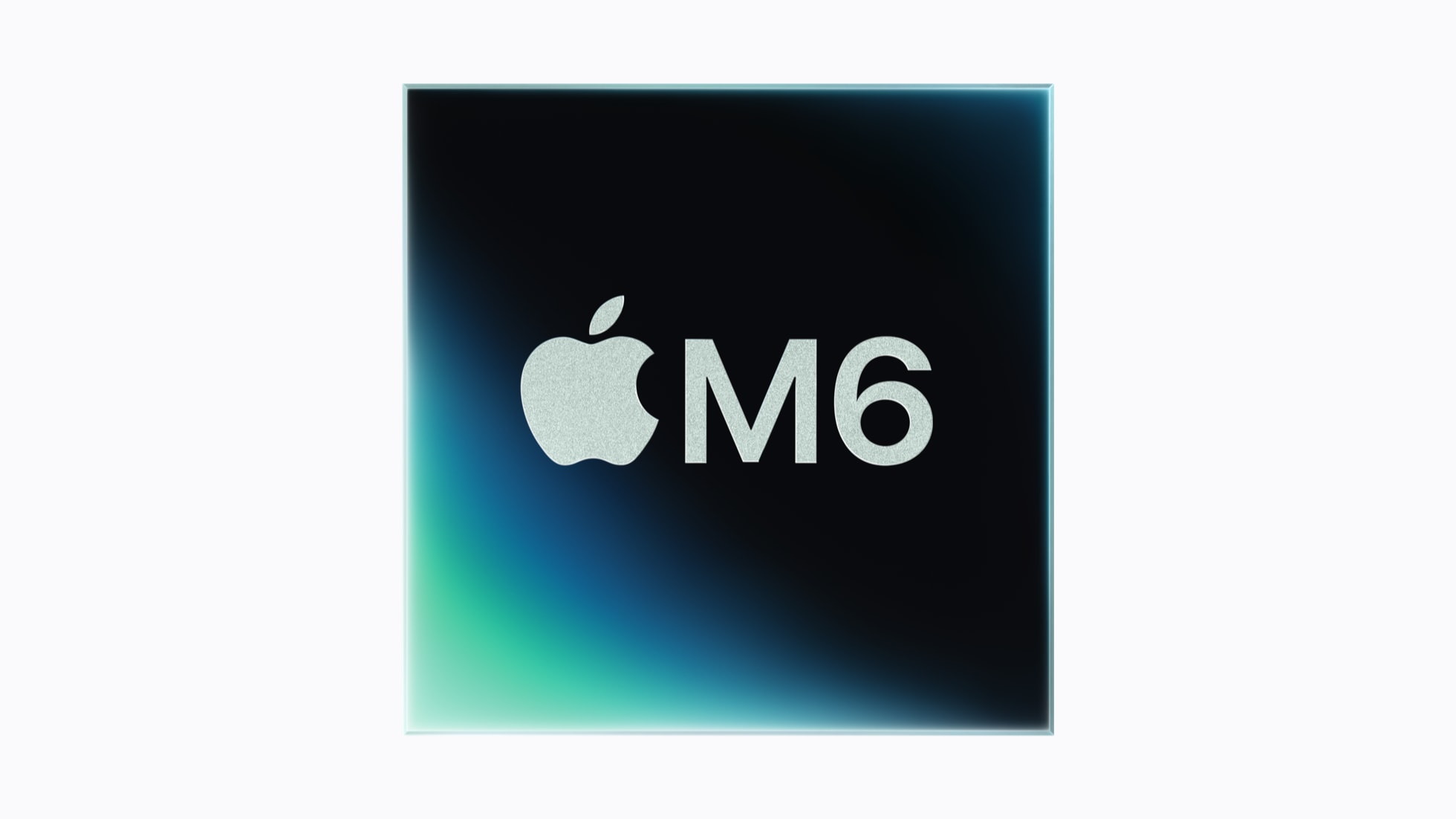 Apple M6 chip logo on a dark, gradient background with a light glow effect.