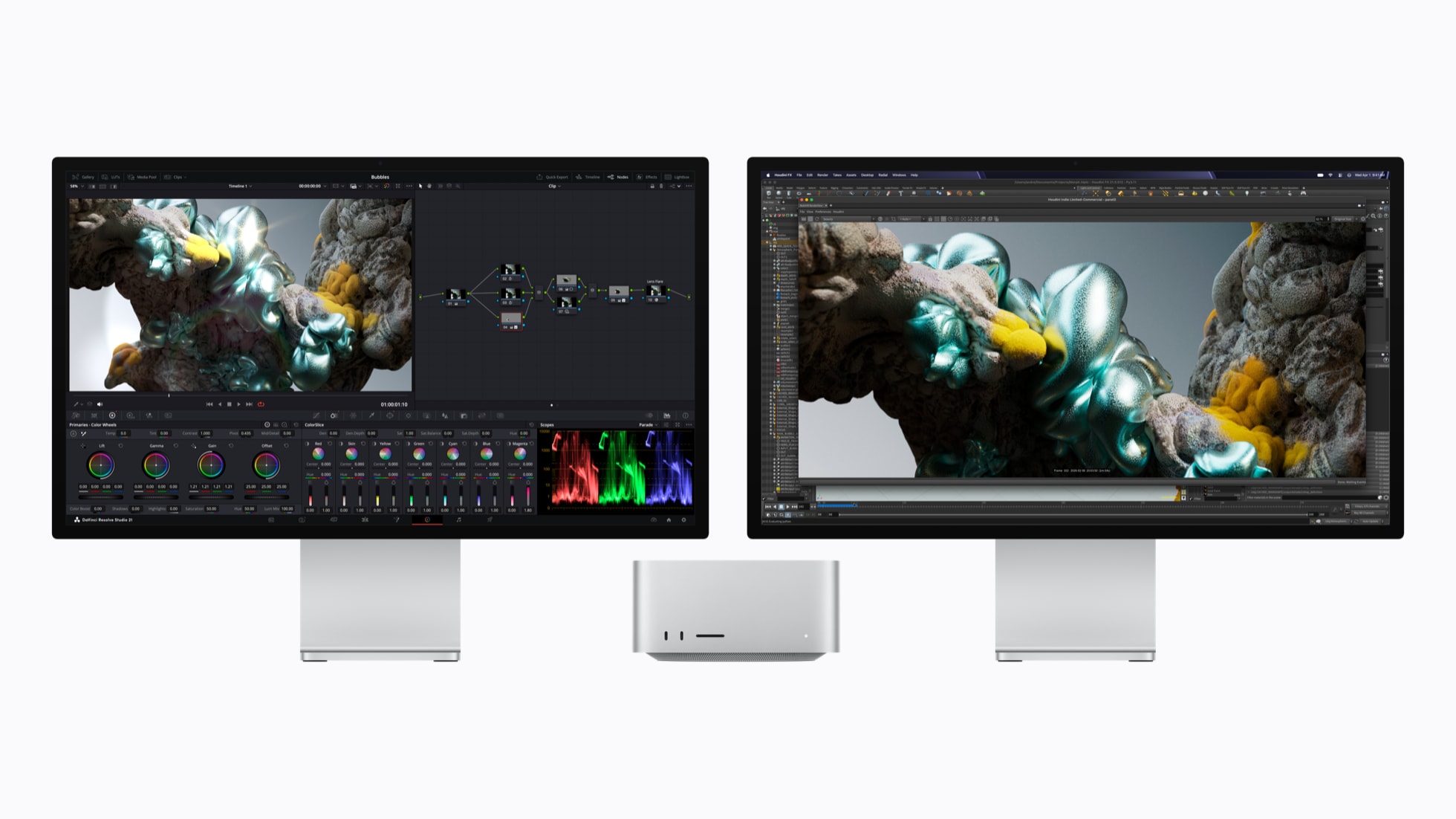 Dual monitors displaying 3D rendering software with vibrant, abstract imagery. Centrally placed Mac Studio computer below screens.