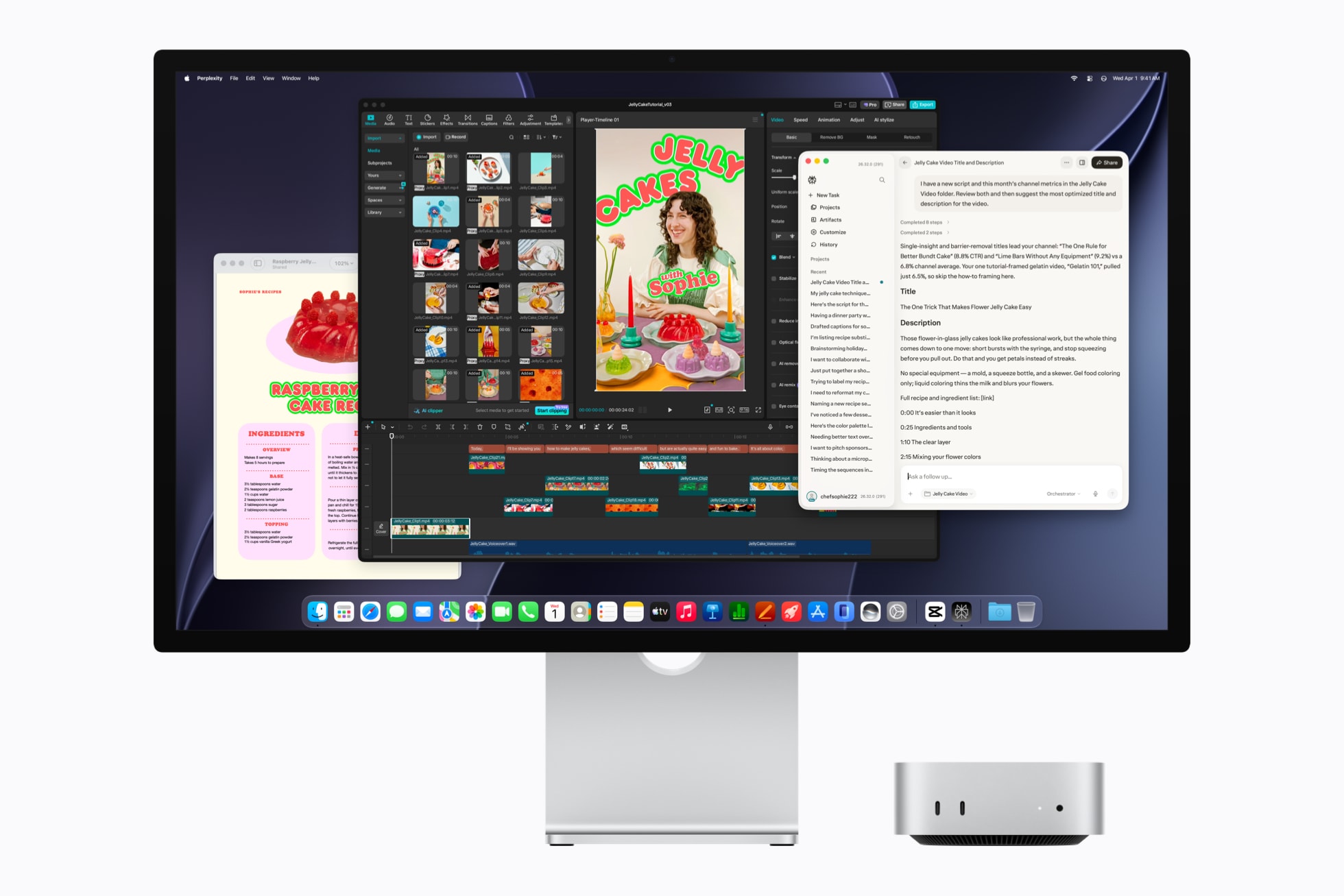 A computer monitor displaying a design and text editing software interface, with a desktop computer unit beside it.