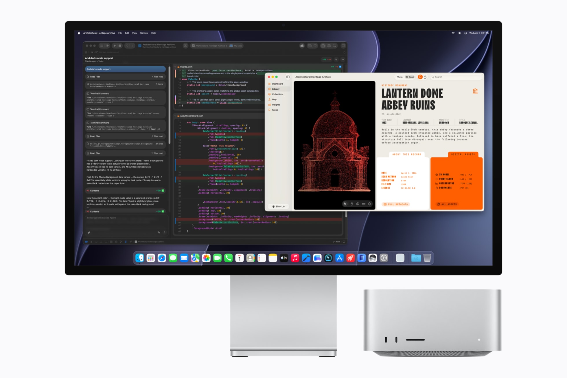 A desktop monitor displaying code and a graphic design alongside a Apple Mac Studio computer.