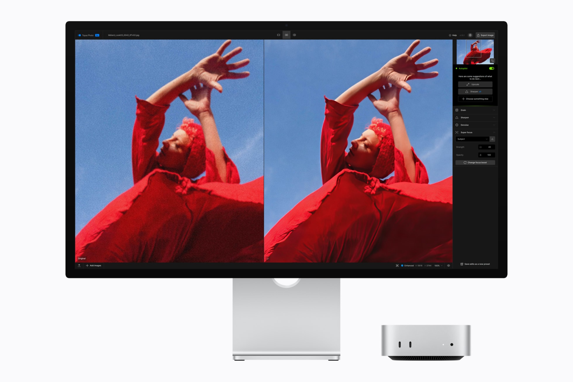 A computer monitor with an image editing software open, showing a woman in red reaching upward in both panels. An Apple Mac mini unit sits beside it.
