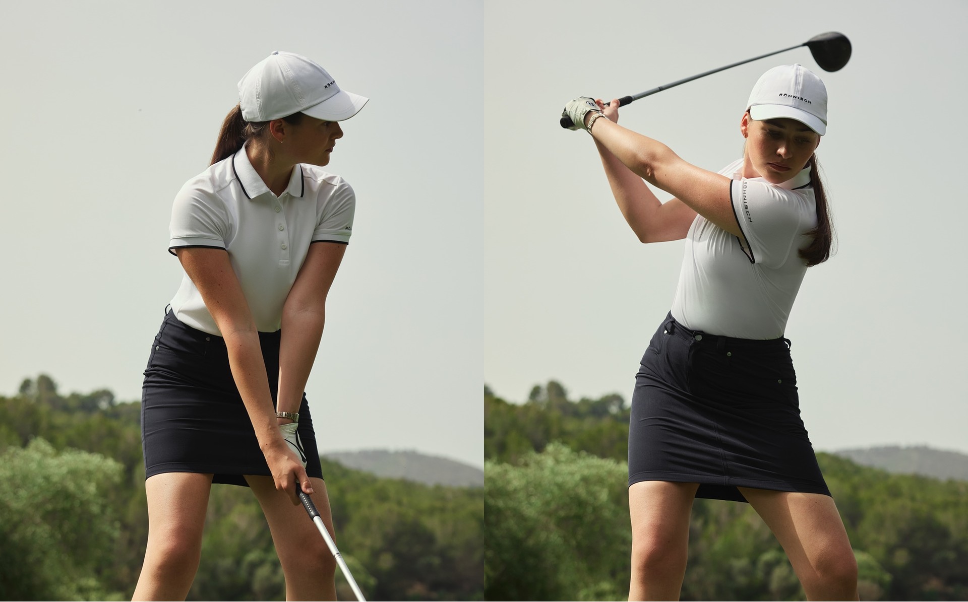 Woman in a white cap and polo shirt prepares to swing a golf club on a sunny day, with trees in the background.