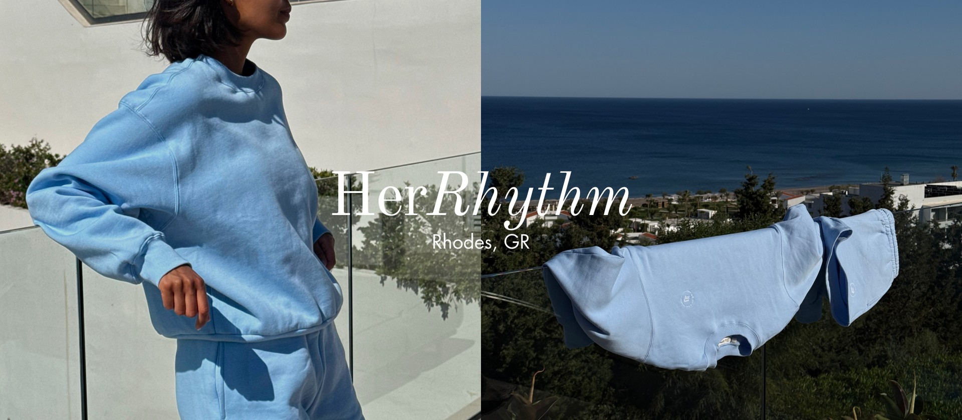 Person in light blue sweatshirt and shorts, standing beside glass railing. Text reads "HerRhythm, Rhodes, GR."