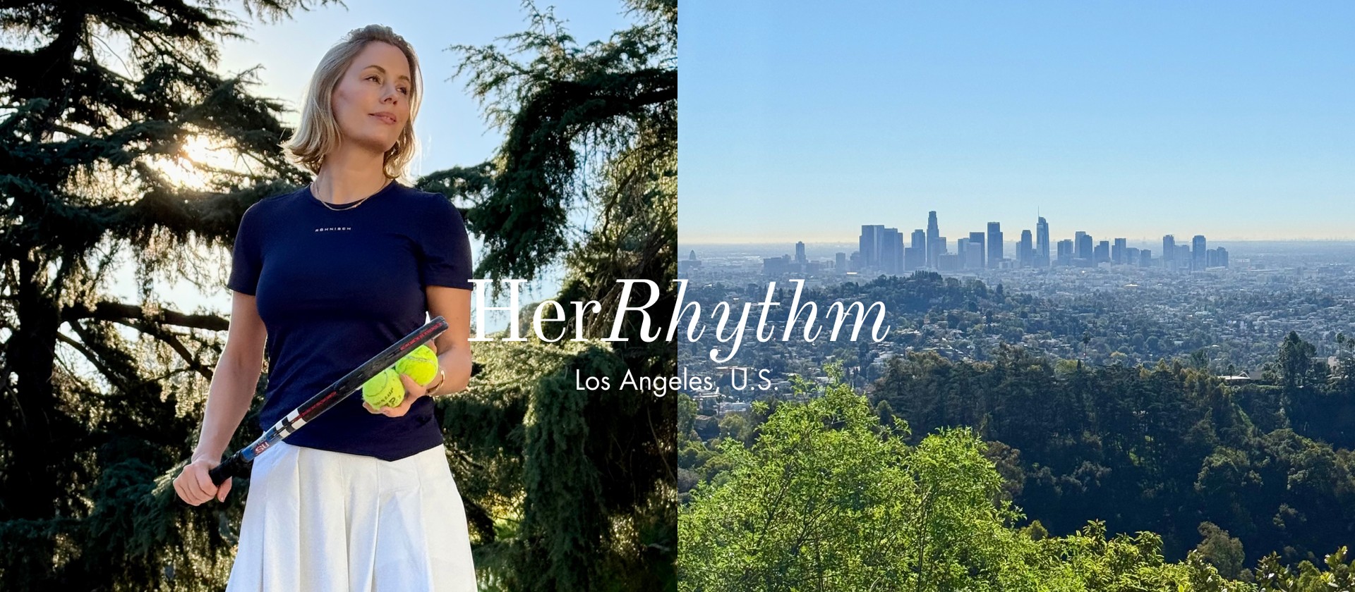 Woman in a tennis outfit holds a racket and tennis balls outdoors, with trees and sunlight in the background. Text: "HerRhythm, Los Angeles, U.S."
