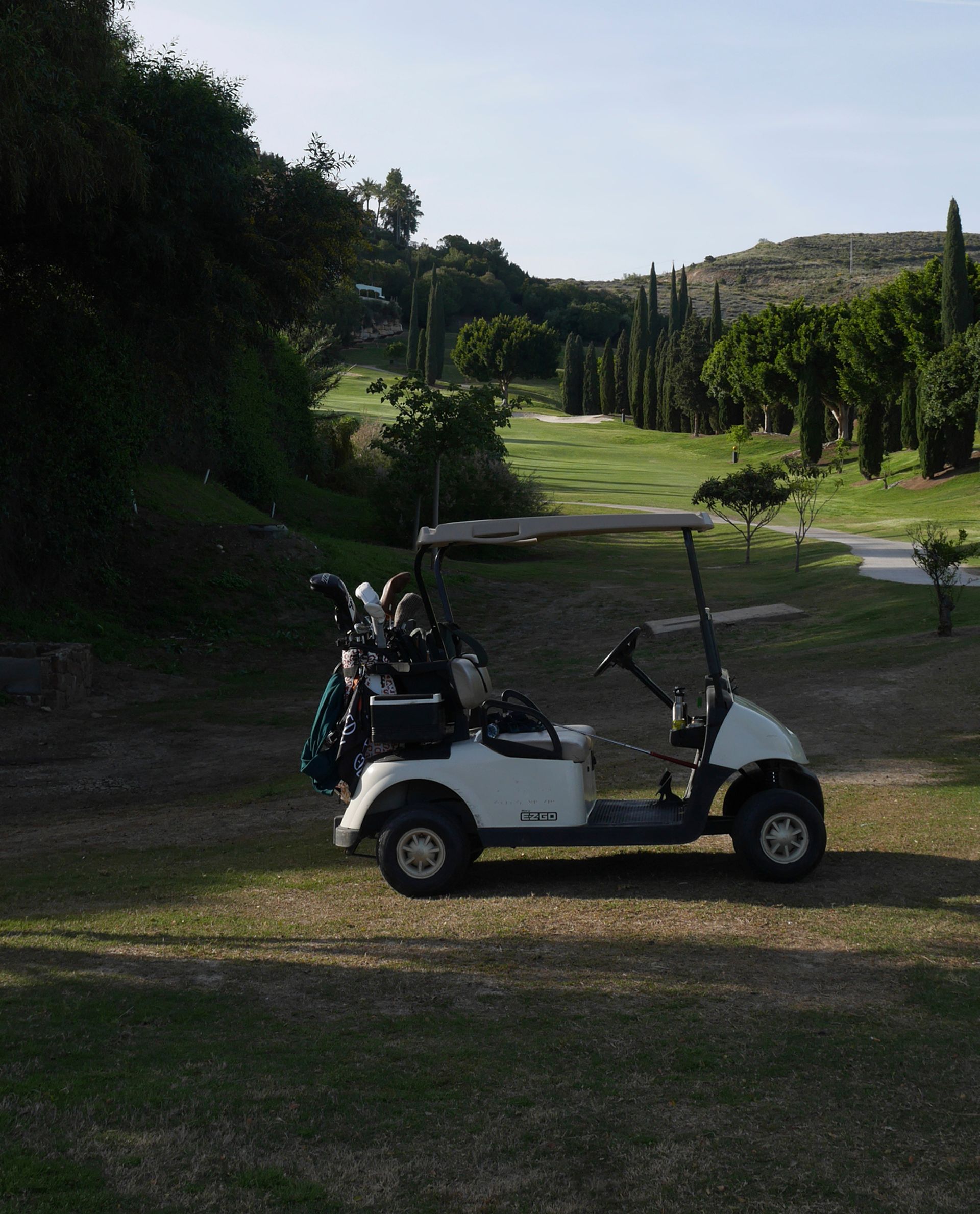 A golf cart with clubs parked on a grassy area, overlooking a scenic golf course with trees and hills in the background.