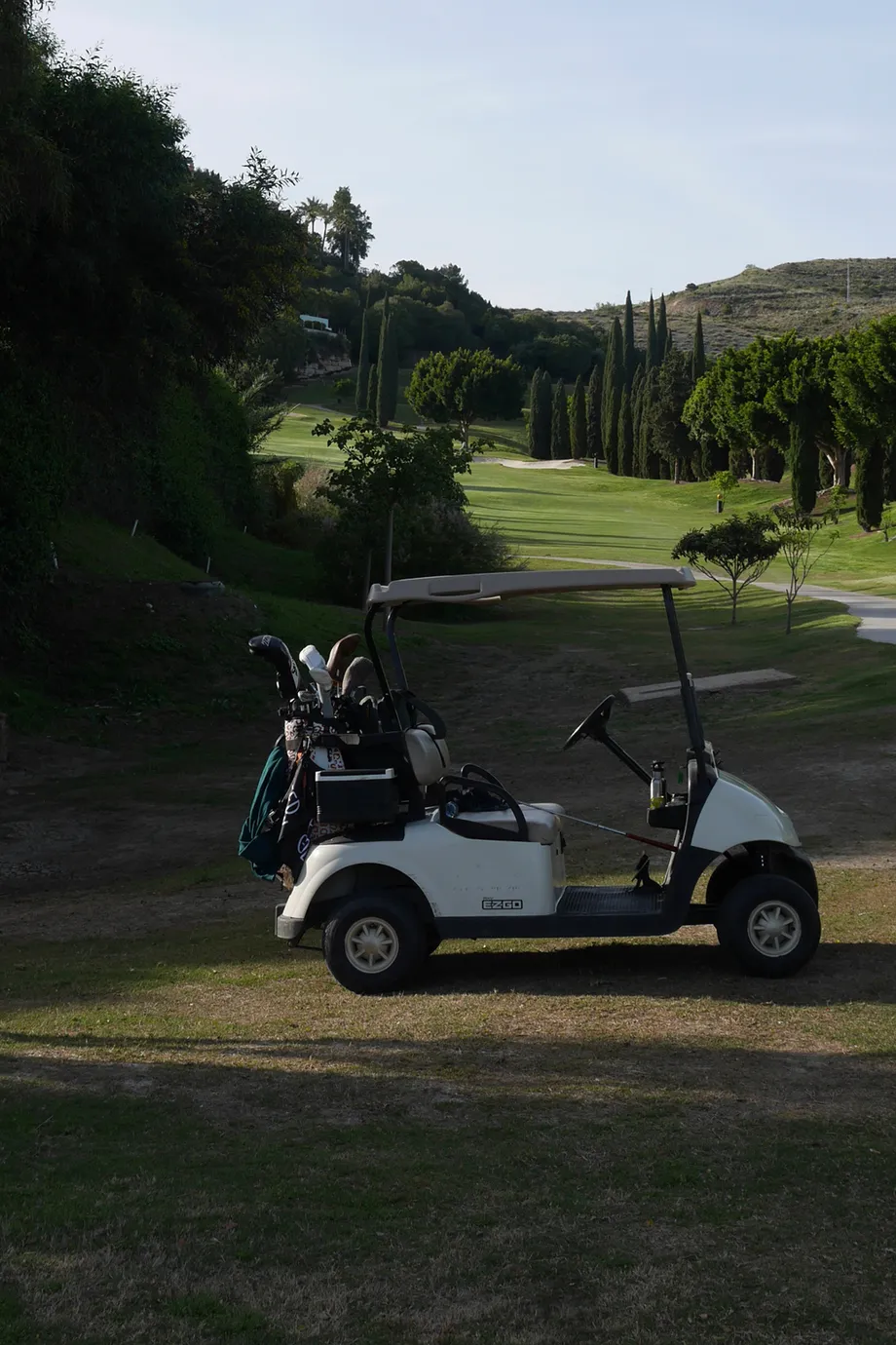 A golf cart with clubs parked on a grassy area, overlooking a scenic golf course with trees and hills in the background.