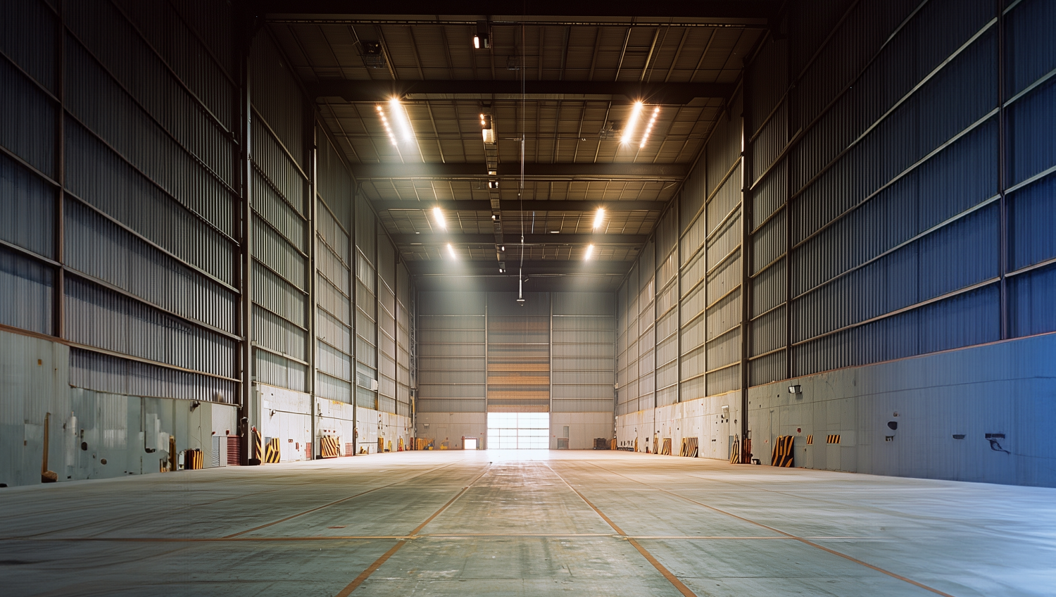 Leere Industriehalle mit Deckenbeleuchtung halb offenem Rolltor am Ende der Halle