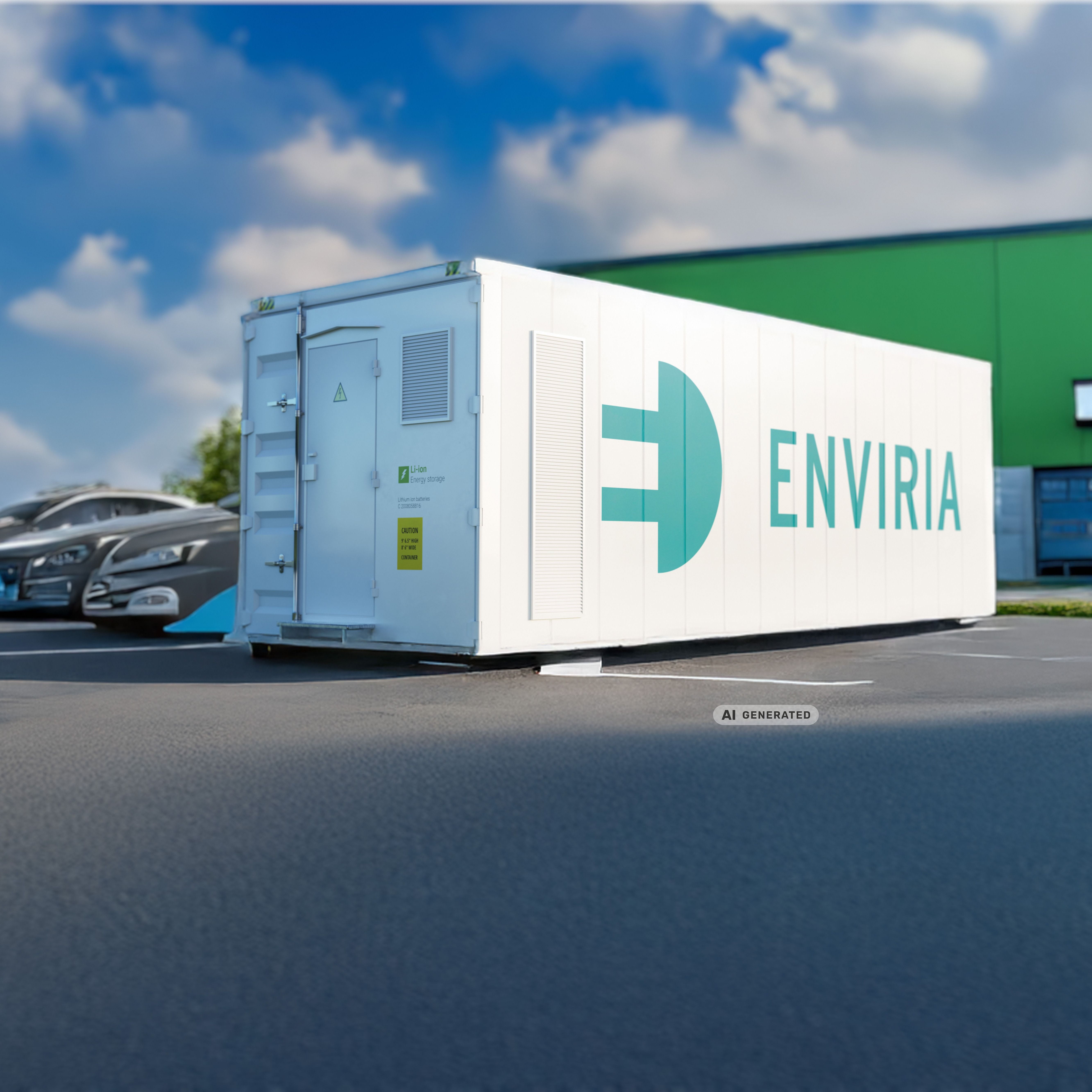 Großer Multi-Use Batteriespeicher auf dem Parkplatz eines Betriebs. KI-generiert.