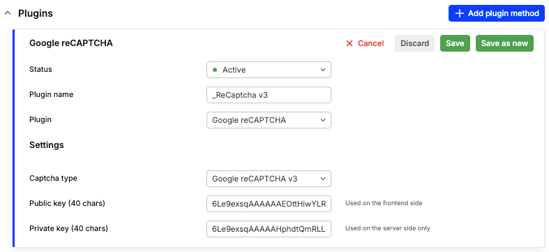 Recaptcha plugin config
