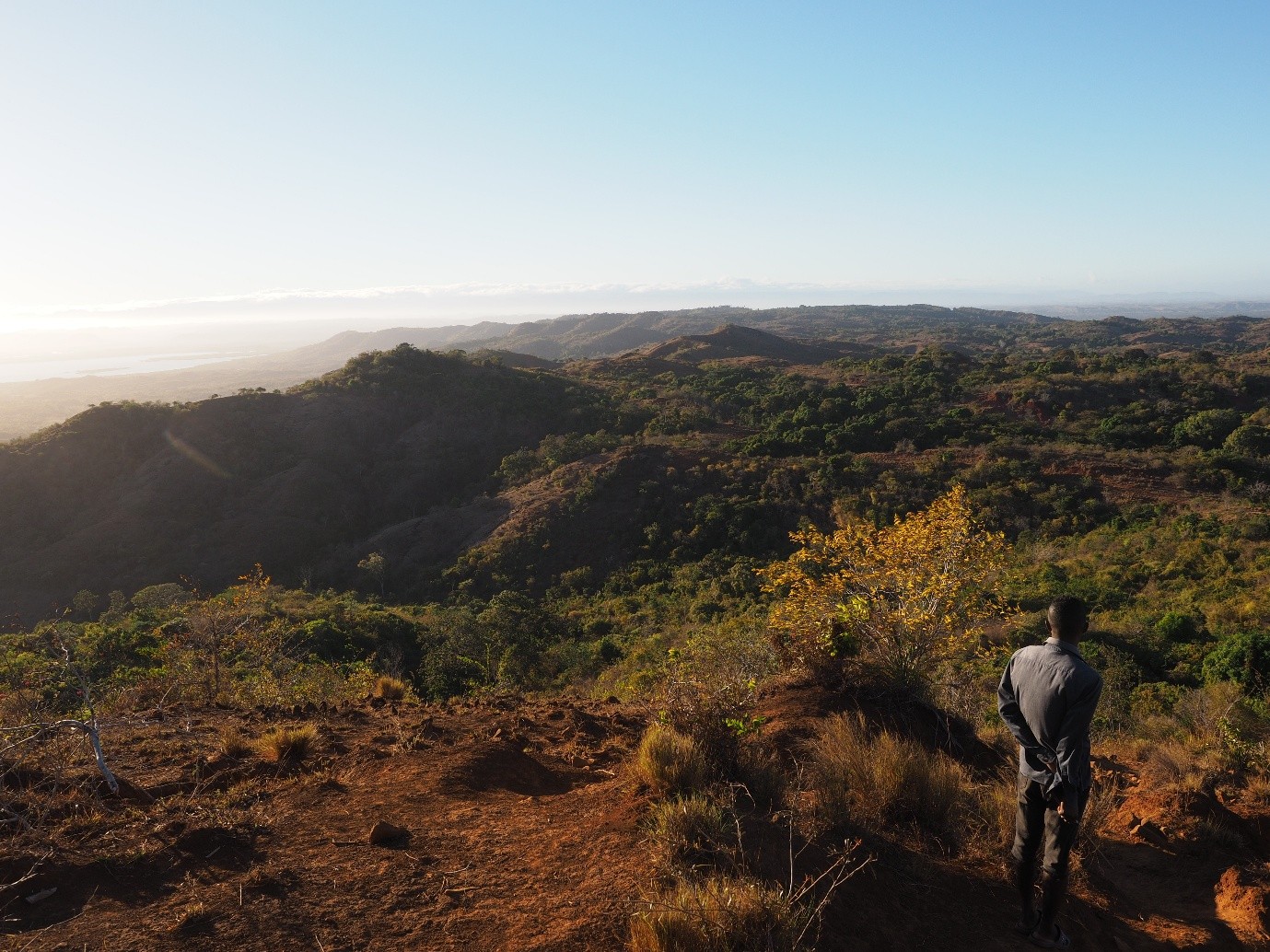 A person standing on a hill looking out over hills