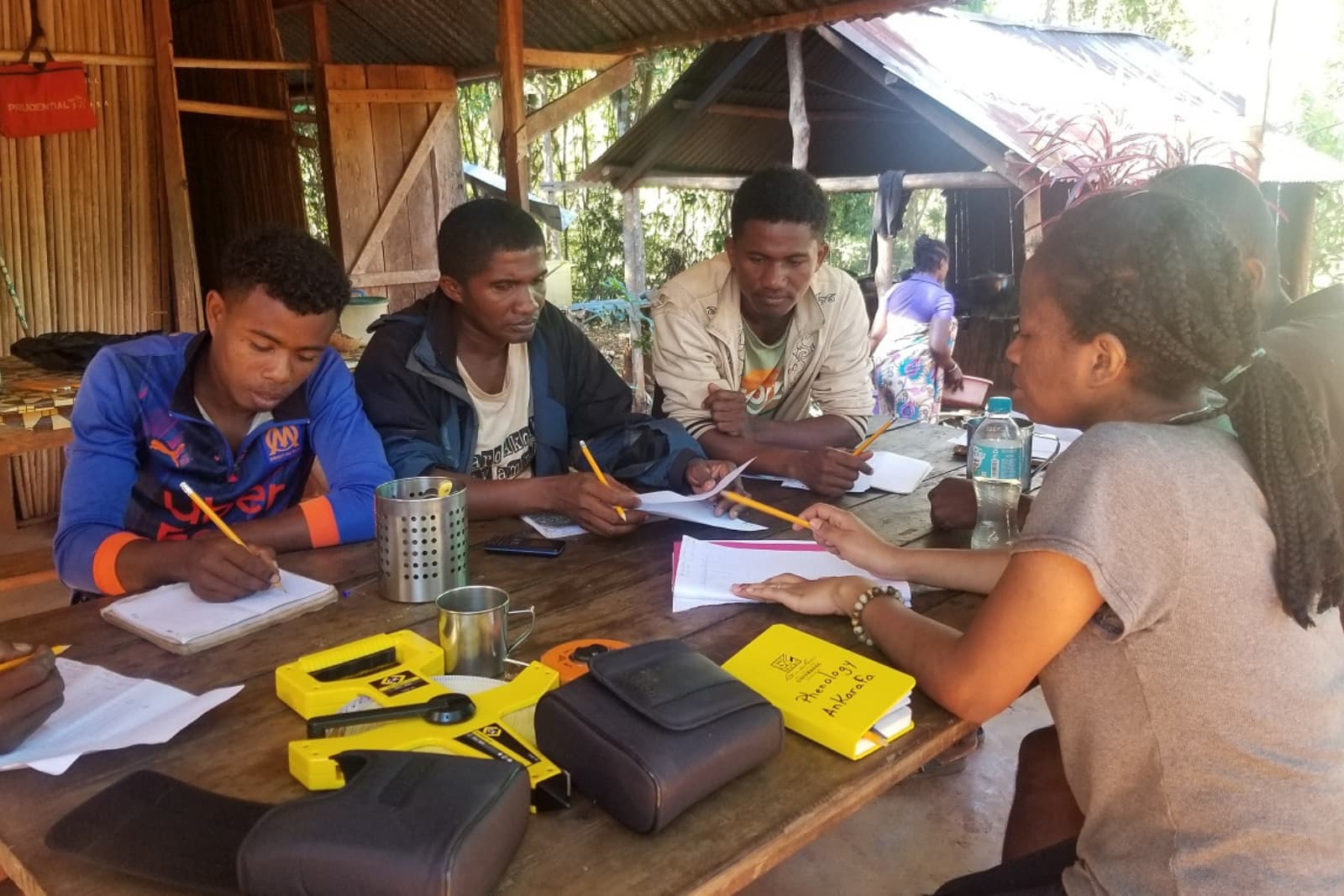 Conservation Leadership Five people at a wooden table engaged in discussion and writing, with papers, pencils, and yellow equipment visible. Rustic surroundings in the background.