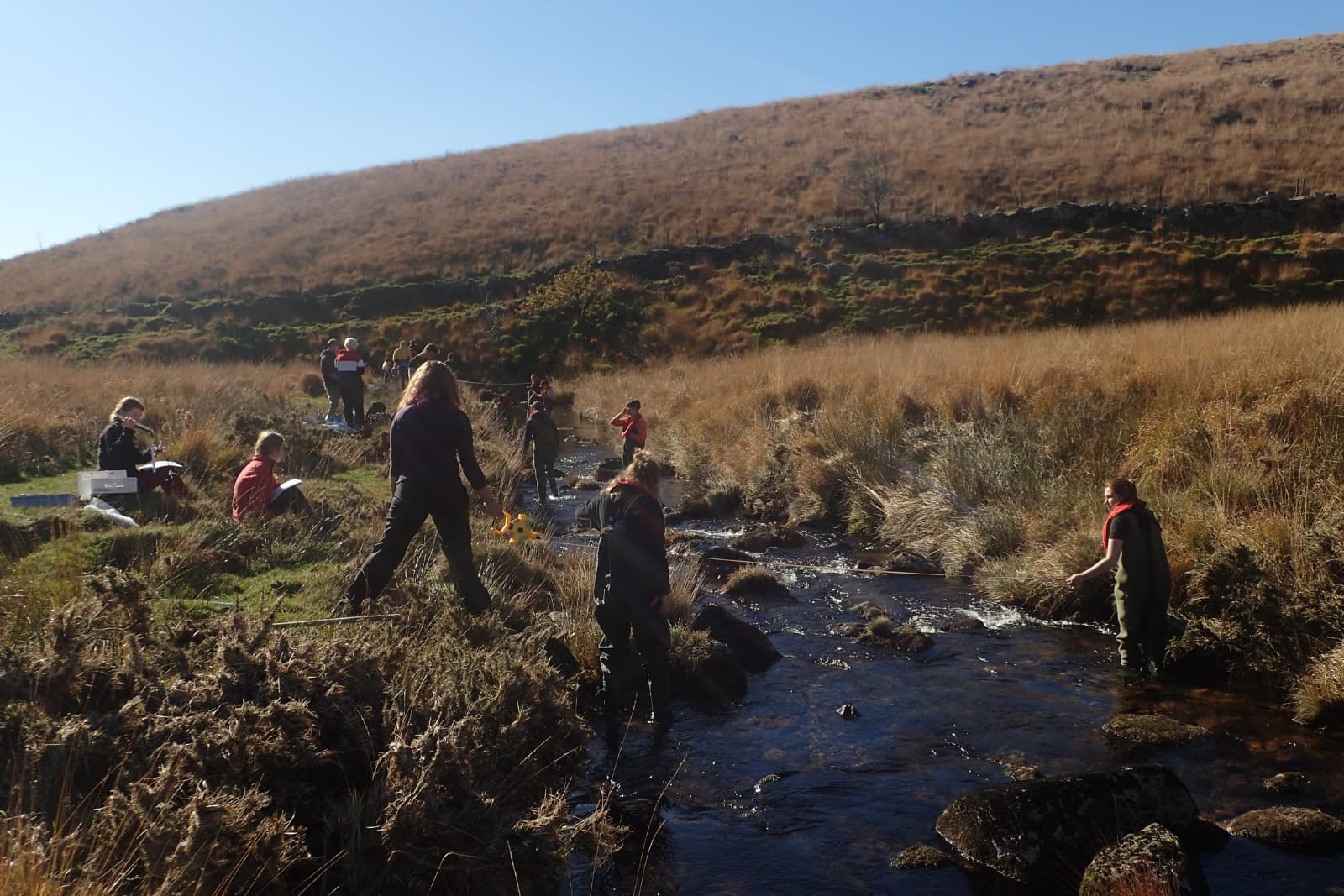 People working along a small stream in a grassy, hilly landscape under a clear blue sky.