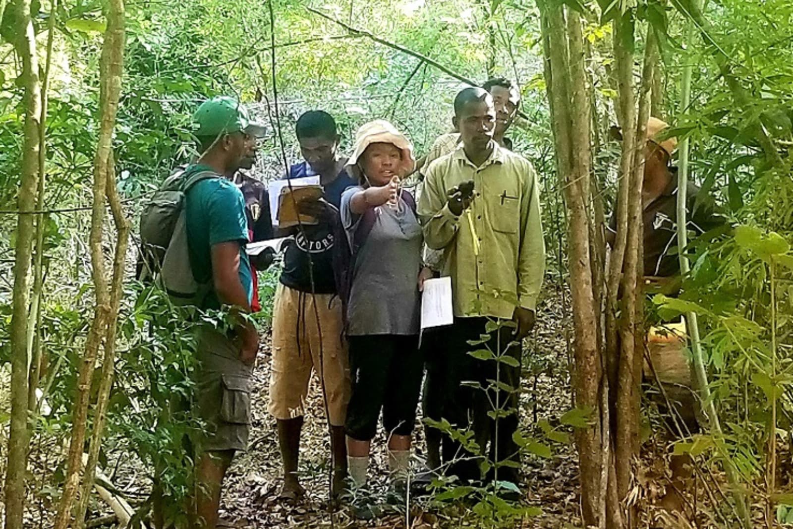 Conservation Leadership A group of people in a forest, some holding notebooks and pointing at different directions, appears to be engaged in field research.