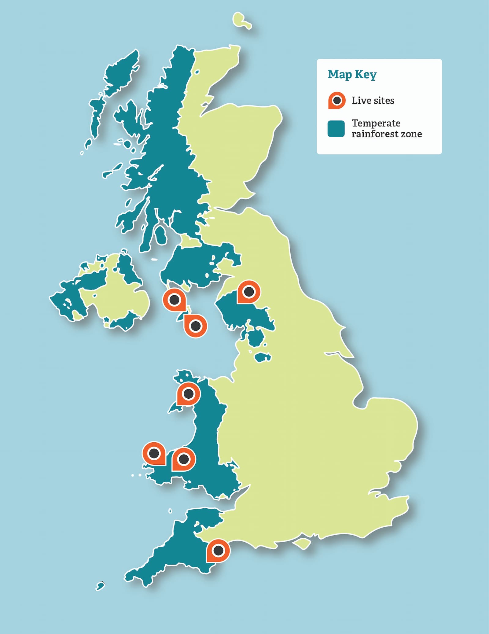 A map of the UK showing areas of temperate rainforest down the west coast