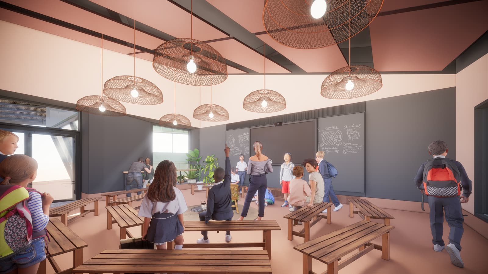 An artist's impression of the new learning space in African Forest at Bristol Zoo Project, a modern-style classroom with children facing a smart board..