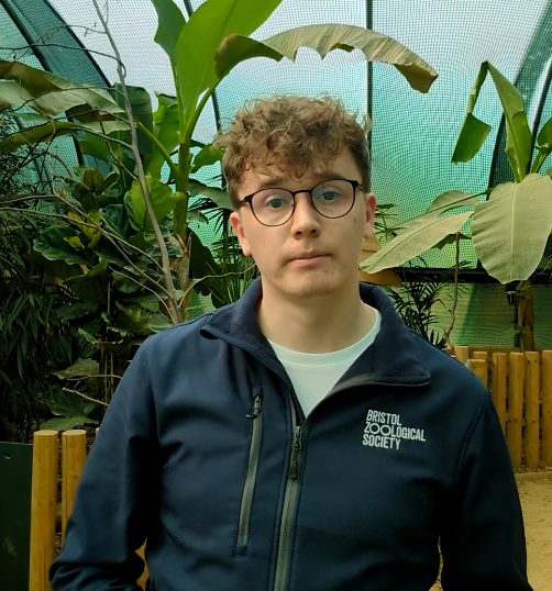Person with curly hair and glasses wearing a Bristol Zoological Society jacket, standing in a lush, green indoor setting with large leaves.