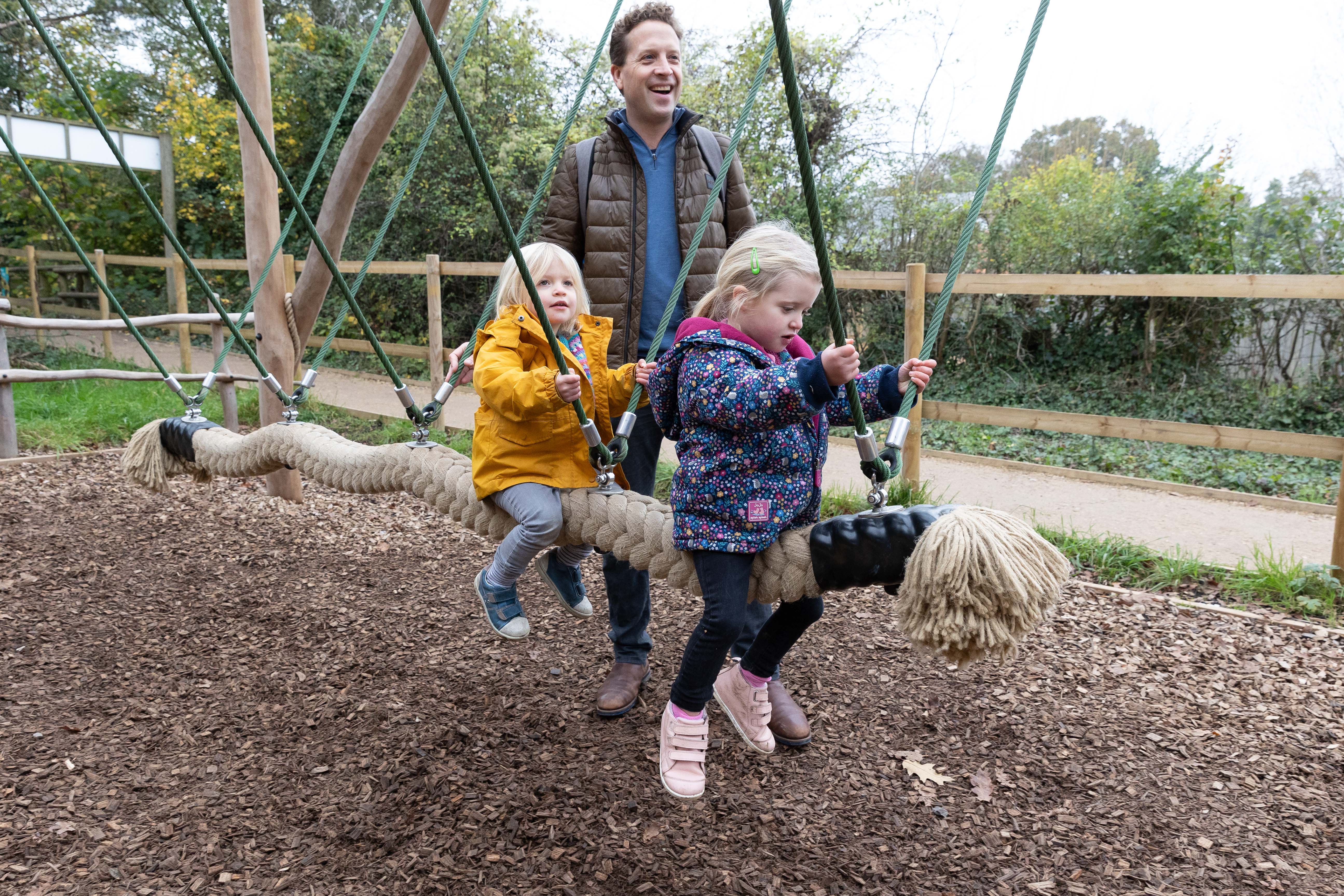 A person and two children on a swing