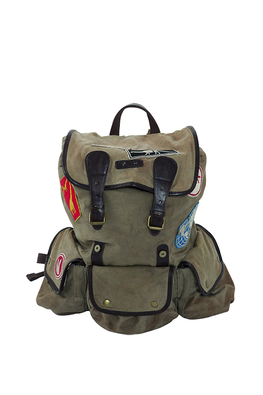 A backpack covered in animal patches