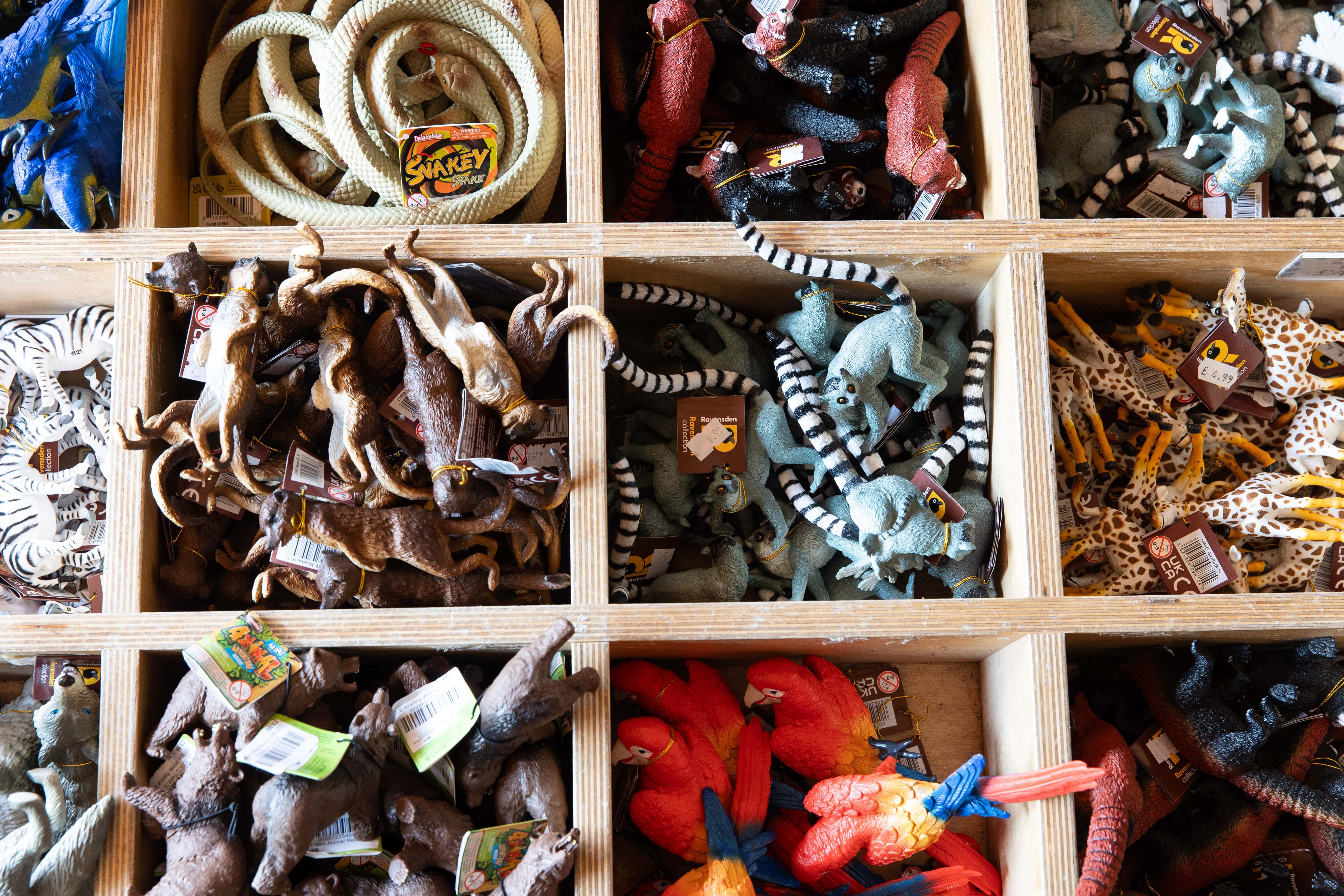 Wooden trays filled with animal figurines