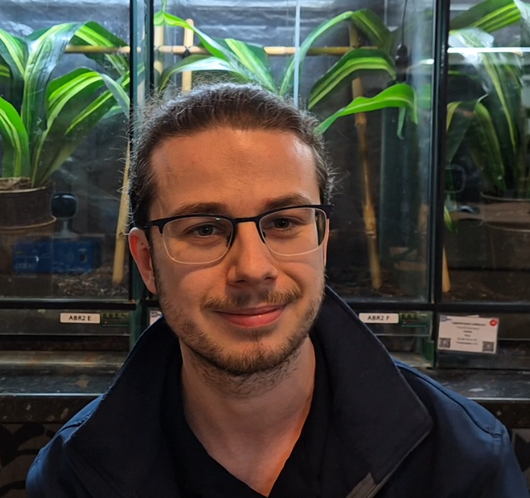 A person with glasses and a beard, wearing a dark jacket, is smiling in front of a background of potted plants in glass containers.