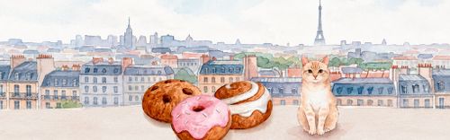 Illustriertes Stadtbild mit dem Eiffelturm im Hintergrund, auf dem eine niedliche Katze und verschiedene Backwaren auf einem Dach zu sehen sind.