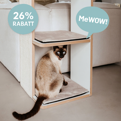 Siamkatze sitzt auf einem modernen Kratzbaum mit Sprechblasen, in denen „26 % Rabatt“ und „MeWOW!“ steht, in einem Wohnzimmer.