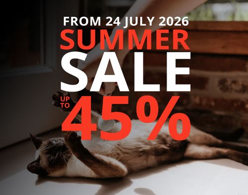 Cat lying on the floor with text overlay announcing a summer sale starting 24 July 2026, offering up to 45% off.