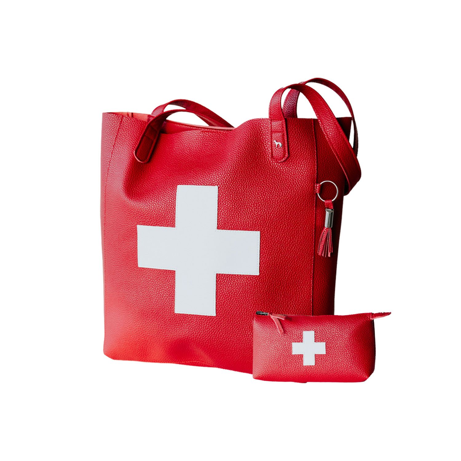 Rote Tragetasche mit einem weißen Kreuz auf der Vorderseite, dazu ein passende rote Federmappe mit demselben Motiv vor weißem Hintergrund.