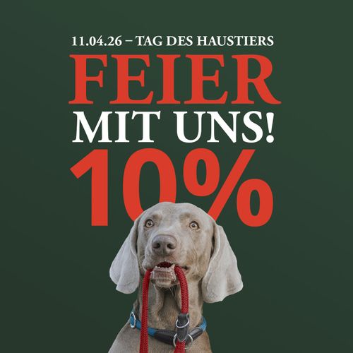 Ein Hund, der eine Leine hält, vor grünem Hintergrund, mit dem Text „10 % Rabatt“ zum Tag des Haustiers am 11. April 2026 auf Deutsch.