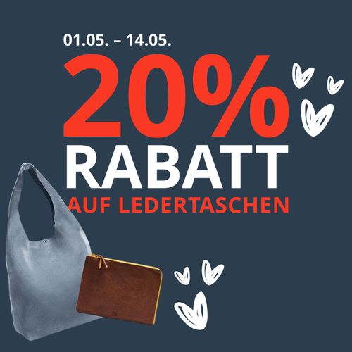 Aktionsbild: „20 % Rabatt auf Ledertaschen“ mit den Daten 1. bis 14. Mai. Darauf sind zwei Taschen und weiße Herzen abgebildet.