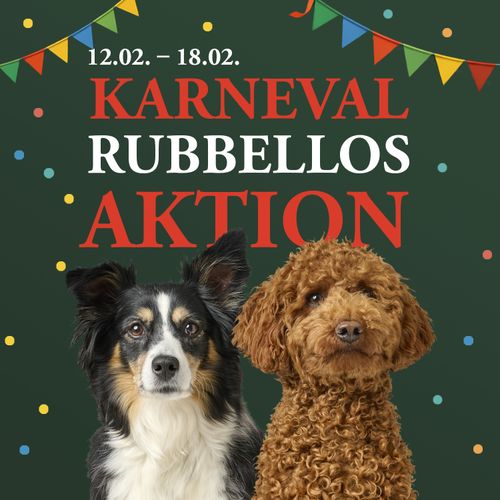 Zwei Hunde sitzen unter einem Text, der für eine „Karnevalsveranstaltung“ mit bunten Bannern und Konfetti auf dunklem Hintergrund wirbt. Termine: 12. bis 18. Februar.