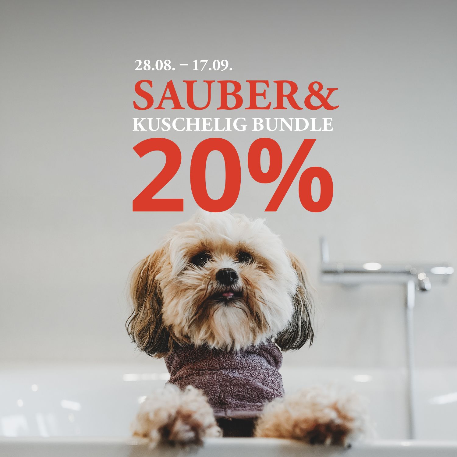 Flauschiger Hund in einem Bademantel in der Badewanne, mit einem Text, der vom 28.08. bis zum 17.09. einen Rabatt von 20 % auf ein gemütliches Set anbietet.
