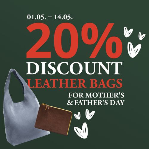 Green background with "20% Discount Leather Bags" for Mother's and Father's Day, dates 01.05 to 14.05, featuring two leather bags.