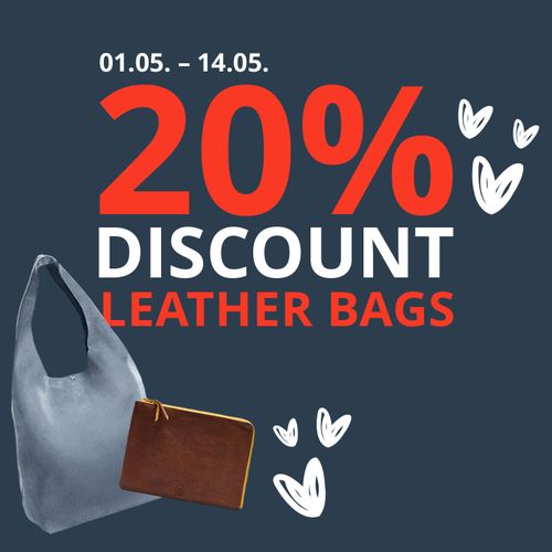 Promotional image: “20% off leather bags” with the dates 1–14 May. It shows two bags and white hearts.