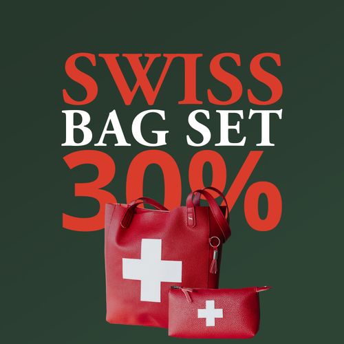 Red shopping bag and matching pencil case with white Swiss cross on a dark green background and eye-catching lettering ‘SWISS BAG SET 30%’.