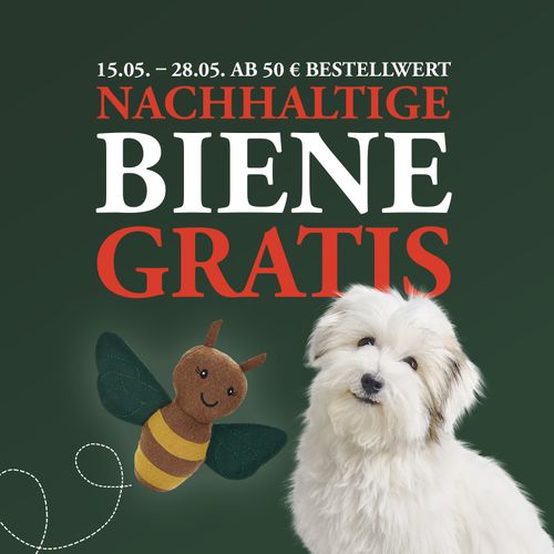 Aktionsbild mit einer niedlichen Plüschbiene und einem flauschigen weißen Hund: Beim Einkauf ab 50 € gibt es vom 15.05. bis zum 28.05. eine kostenlose nachhaltige Biene dazu.