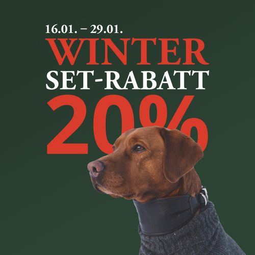 Ein brauner Hund mit einem Halsband und Pullover sitzt vor einem grünen Hintergrund. Der Text lautet: „16.–29. Januar Winter-Set-Rabatt 20 %“.