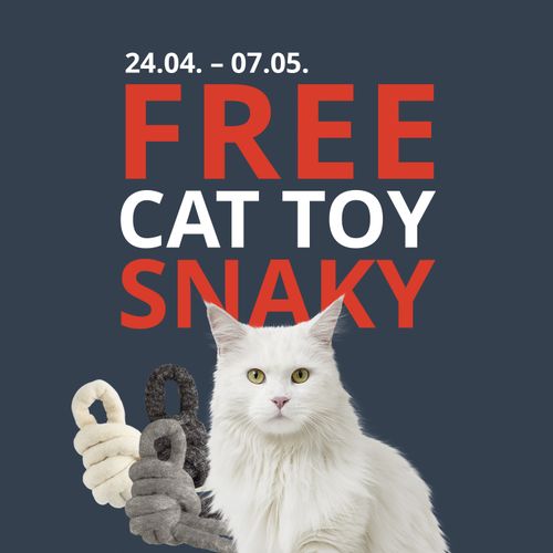 A white cat against a dark background with a toy. The text reads: “24.04. – 07.05.: FREE CAT TOY SNAKY.”