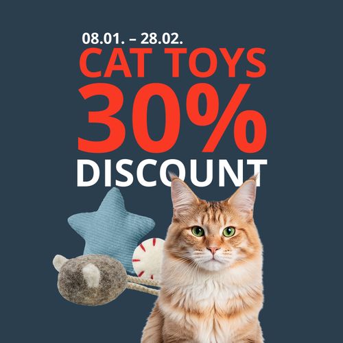 Cat toys and a ginger cat on a dark background with the text “Jan. 8 - Feb. 28. Toys 30% off.”