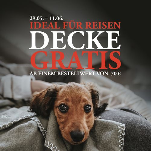 Aktionsbild mit rot weiße Schrift "29.05. - 11.06. IDEAL FÜR REISEN DECKE GRATIS AB EINEM BESTELLWERT VON 70,-€" Unter der Schrift liegt ein Dackel eingekuschelt in einer Decke.