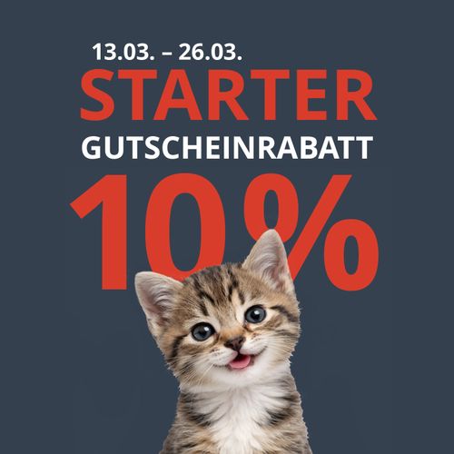 Süßes Kätzchen unter dem Text: „13.03. – 26.03. STARTER-GUTSCHEINRABATT 10 % RABATT.“