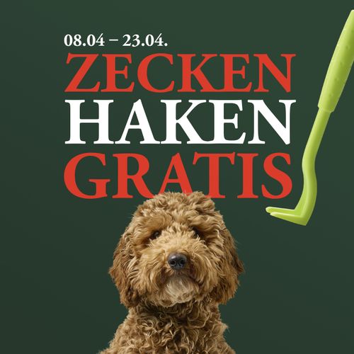 Ein flauschiger brauner Hund vor grünem Hintergrund. Text: „08.04. – 23.04. Zeckenhaken gratis.“ Es ist ein grüner Zeckenentferner abgebildet.